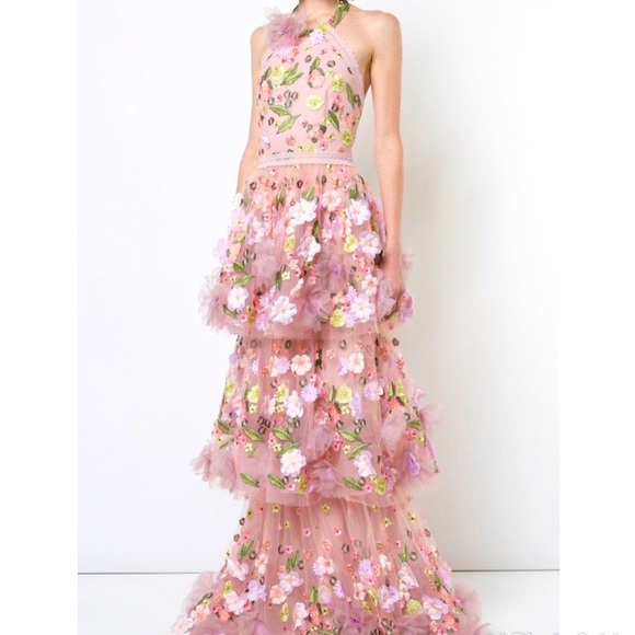 Marchesa Pink Floral Applique Tiered Ruffle Gown